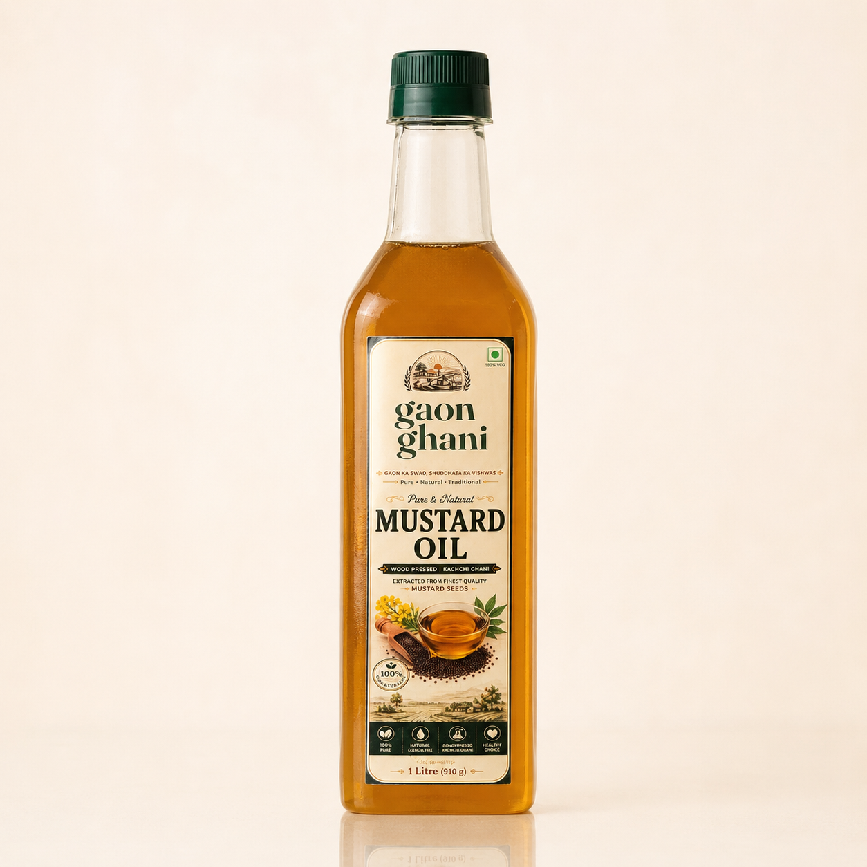Gaon Ghani wood pressed kachchi ghani mustard oil 1 litre glass bottle